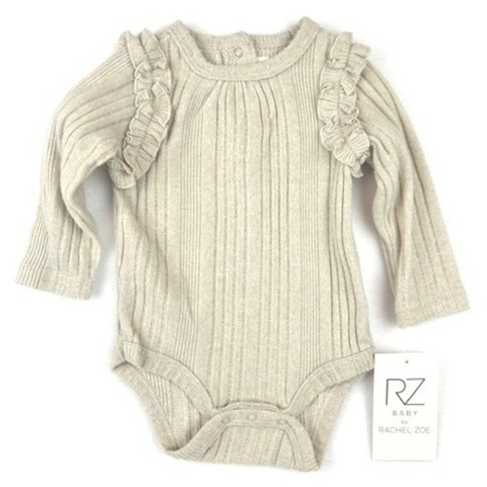 NWT Rachel Zoe Soft Oatmeal Ruffle Ribbed Knit Onesie Baby Girl 3-6M